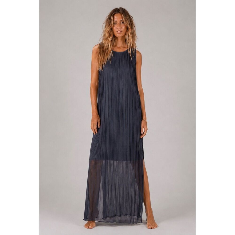 Zara Basic Pleated Mesh Overlay Midi Maxi Dress Sheer Layered Blue Gray Size L (